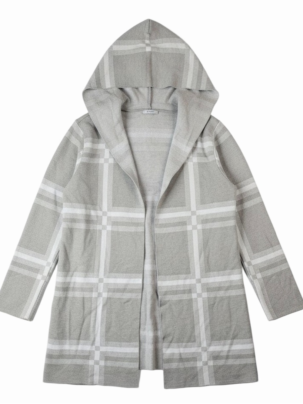 Sioni Hooded Gray Knit Belted Plaid Cardigan